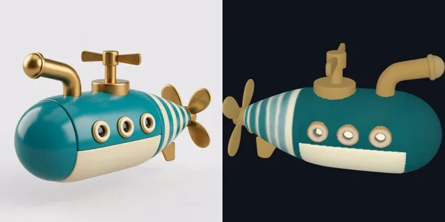 Concept render and 3D turntable of a teal wind-up toy submarine