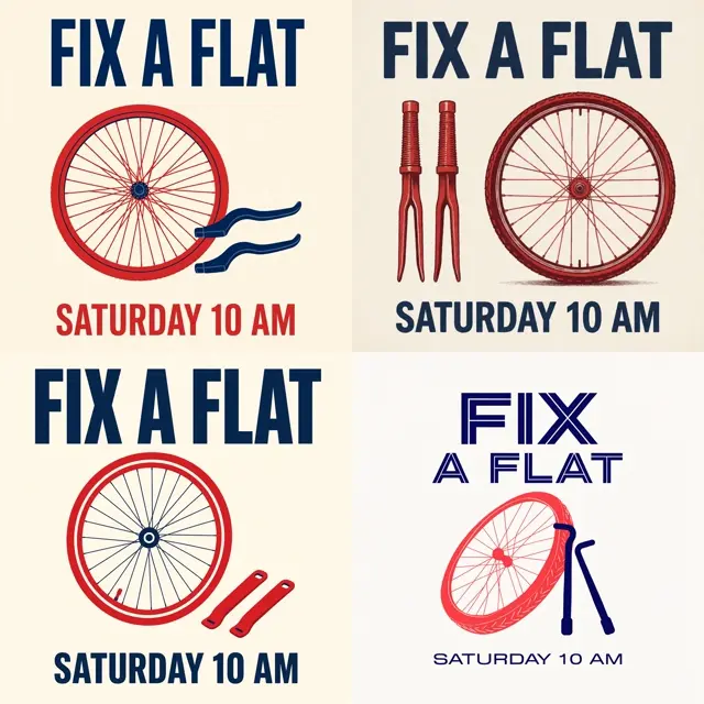Four image model outputs for a bicycle-repair workshop poster