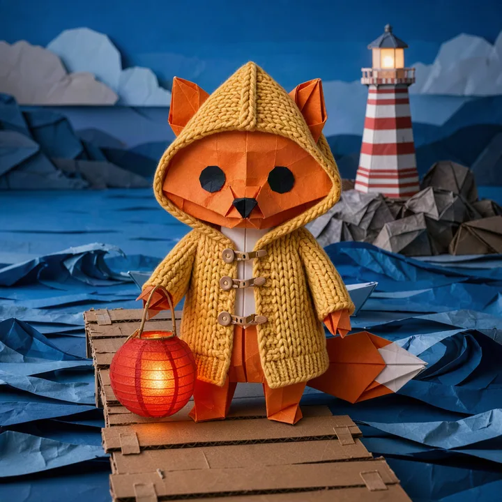 Paper-craft fox in a yellow knitted raincoat holding a red paper lantern on a cardboard pier
